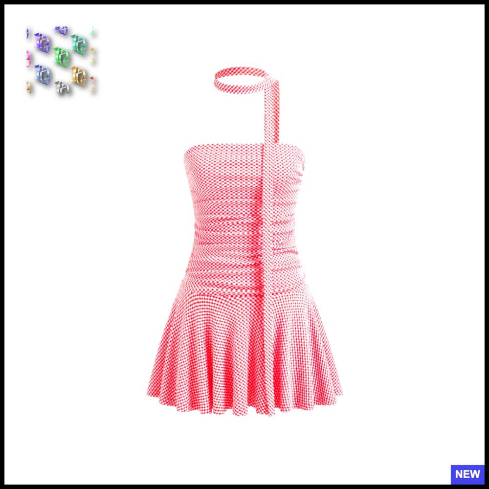 Gingham Ruched Ruffle Tube Dress With Scarf Bandeau Mini Summer Vacation Outfit